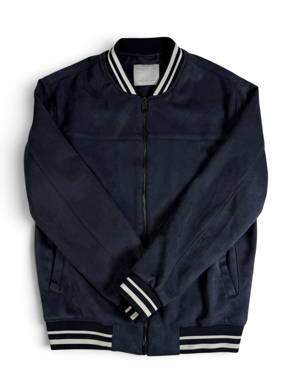 Denim & Flower Navy Stretch Faux Suede Bomber Jacket Men’s M Slim Fit